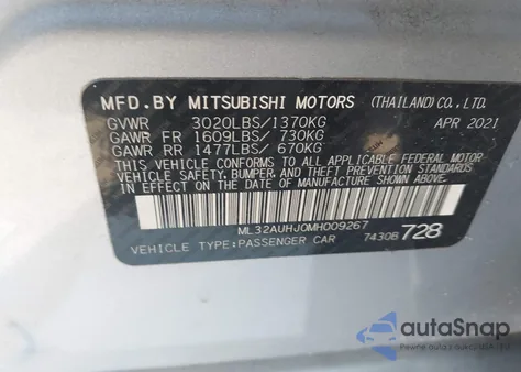 2021 Mitsubishi Mirage Es из США, поврежденный, VIN ML32AUHJ0MH009267